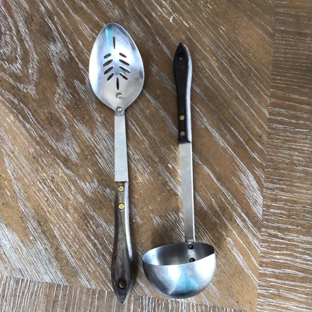 Vintage Stainless Steel Utensil Set Ladle Serving Spoon Wood Handle Japan 12”